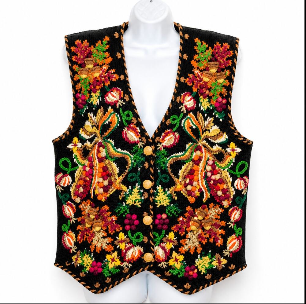 Vintage BellePointe Embroidered Sweater Vest L Black Floral Cottagecore Boho